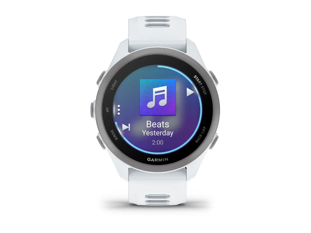 Garmin Forerunner 170 Music, белый, белый/голубой силиконовый ремешок — вид спереди