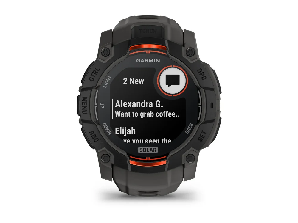 Garmin Instinct 3 Solar 50 mm, чёрный, тёмно-серый силиконовый ремешок — вид спереди, другой экран