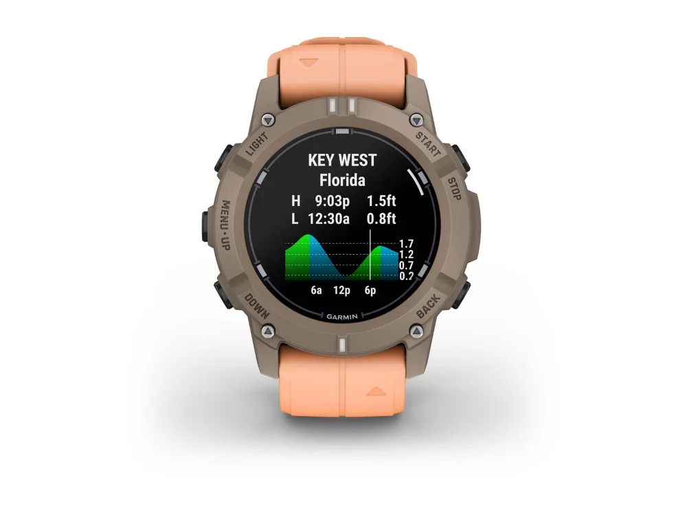 Garmin Descent G2, серо-бежевый, розовый силиконовый ремешок — вид спереди, другой экран