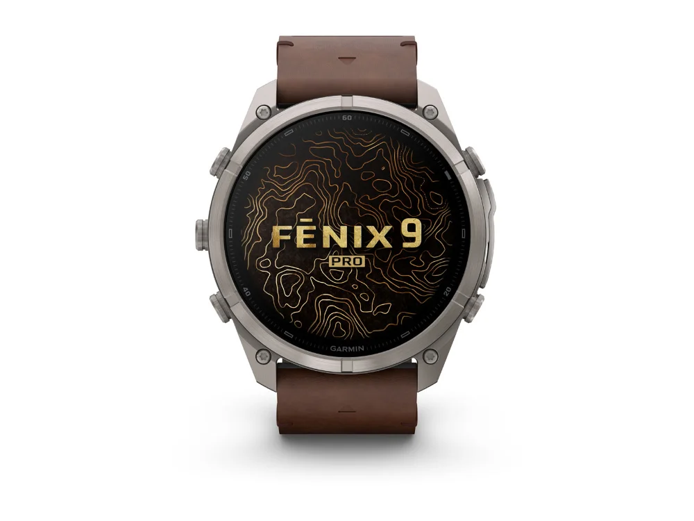 Garmin Fenix 9 Pro inReach 51 mm, титан, коричневый кожаный и силиконовый ремешки — вид спереди