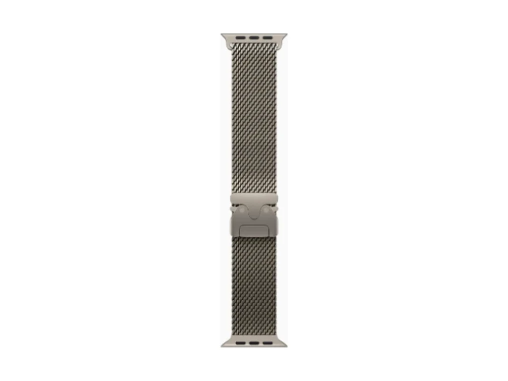 Apple Watch Ultra 4 GPS + Cellular 49 мм Натуральный титан (Natural Titanium) с ремешком Титановый миланский браслет (Titanium Milanese Loop) — вид сбоку