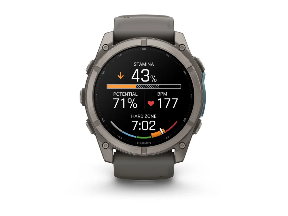 Garmin Fenix 9 51 mm, титан, серый силиконовый ремешок — вид спереди, другой экран