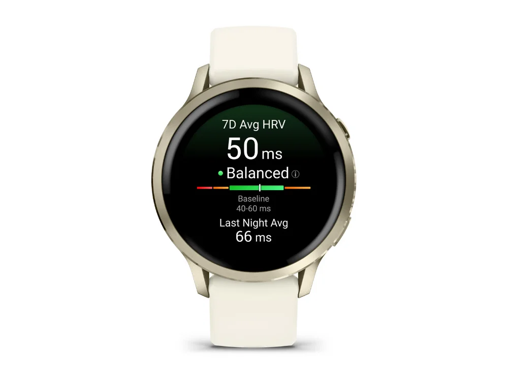 Garmin Venu 4 41 mm, лунное золото, бежевый силиконовый ремешок — вид спереди