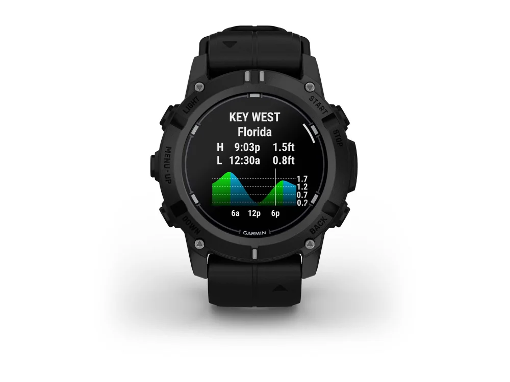 Garmin Descent G2, чёрный, чёрный силиконовый ремешок — вид спереди, другой экран