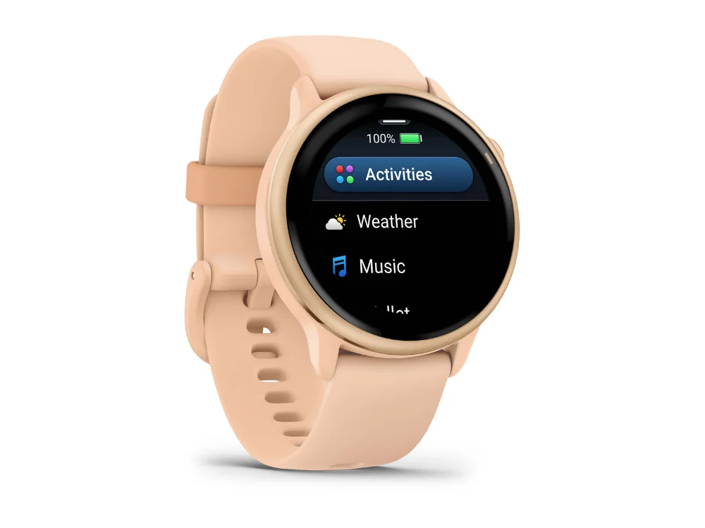 Garmin Vivoactive 6, розовый металлик, розовый силиконовый ремешок — вид сбоку