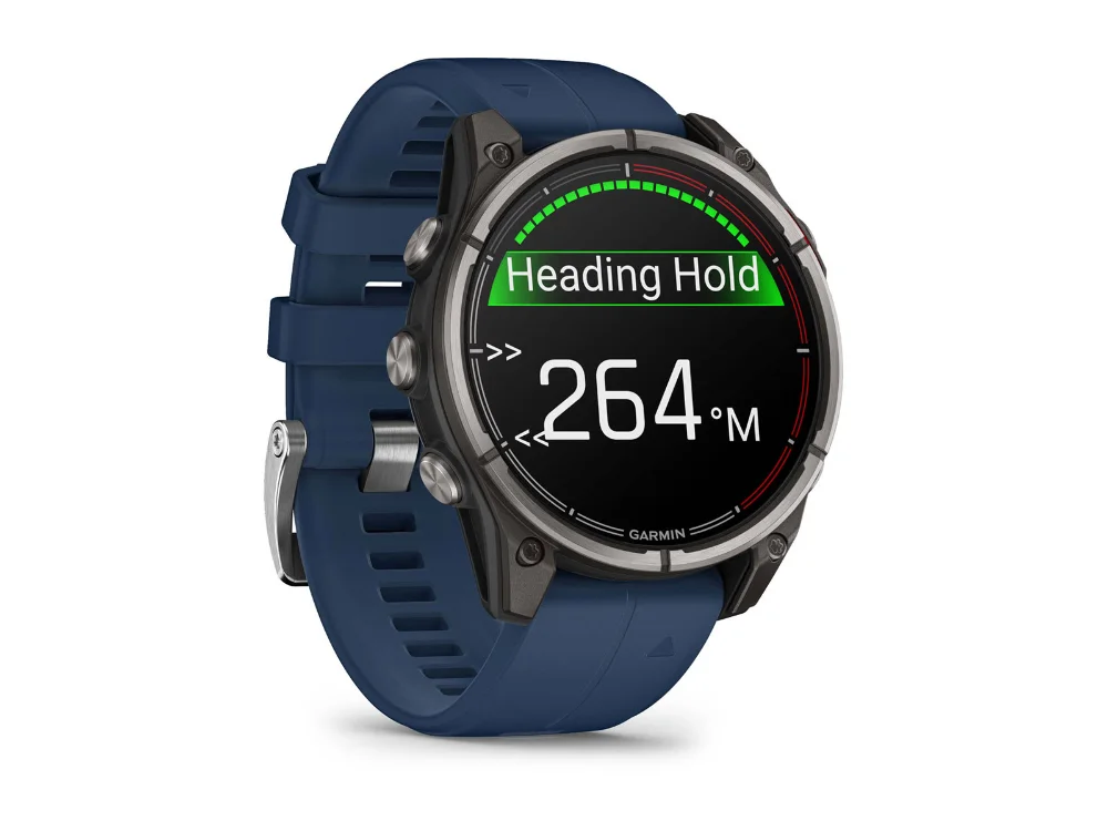 Garmin Quatix 8 AMOLED 47 mm, титан, синий силиконовый ремешок — вид сбоку
