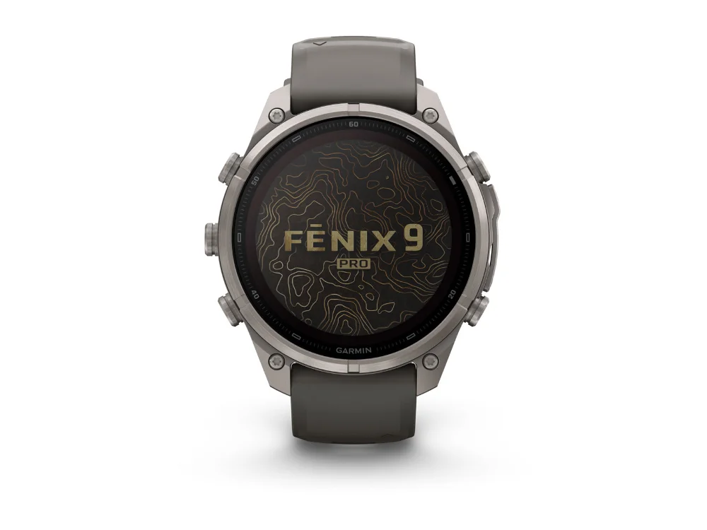 Garmin Fenix 9 Pro inReach Solar 47 mm, титан, серый силиконовый ремешок — вид спереди