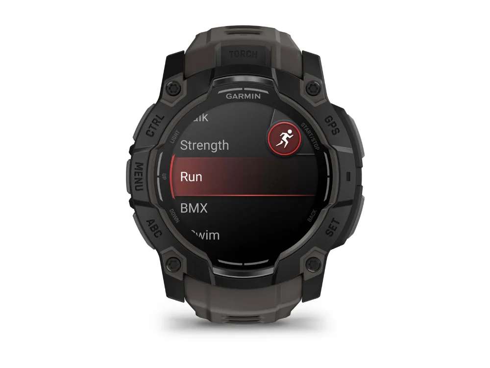 Garmin Instinct 3 AMOLED 50 mm, чёрный, тёмно-серый силиконовый ремешок — вид спереди