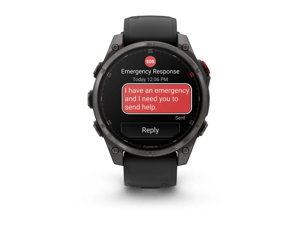 Garmin Fenix 8 Pro AMOLED 47 mm, карбоново-серый титан, чёрный/серый силиконовый ремешок — вид спереди