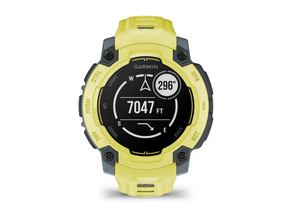 Garmin Instinct E 45 mm, салатовый, салатовый силиконовый ремешок — вид спереди, другой экран