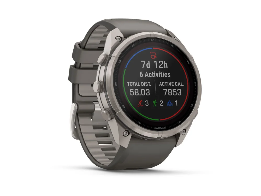 Garmin Fenix 9 Pro Solar 51 mm, титан, серый силиконовый ремешок — вид сбоку