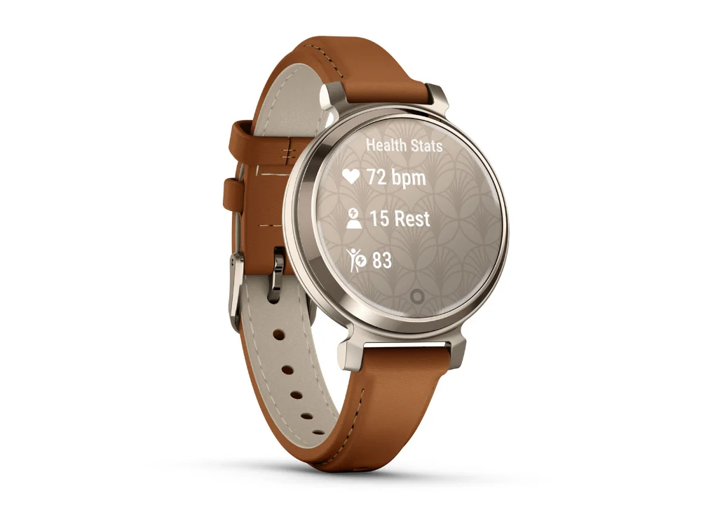 Garmin Lily 2 Classic, кремовое золото, песочный кожаный ремешок — вид сбоку
