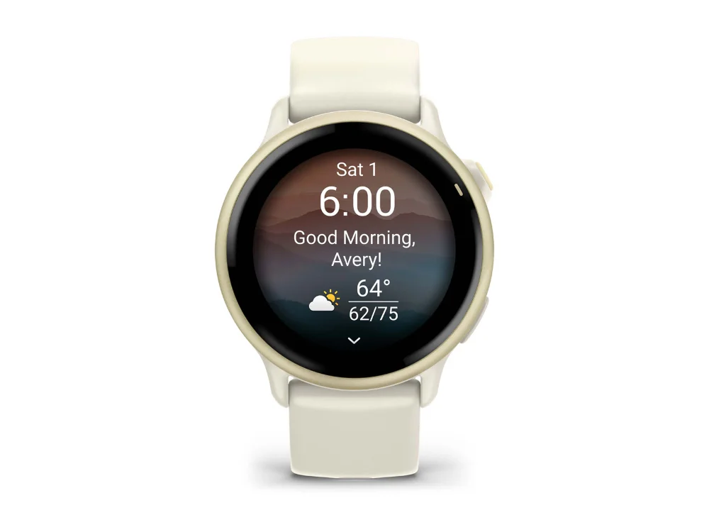 Garmin Vivoactive 6, лунное золото, бежевый силиконовый ремешок — вид спереди, другой экран