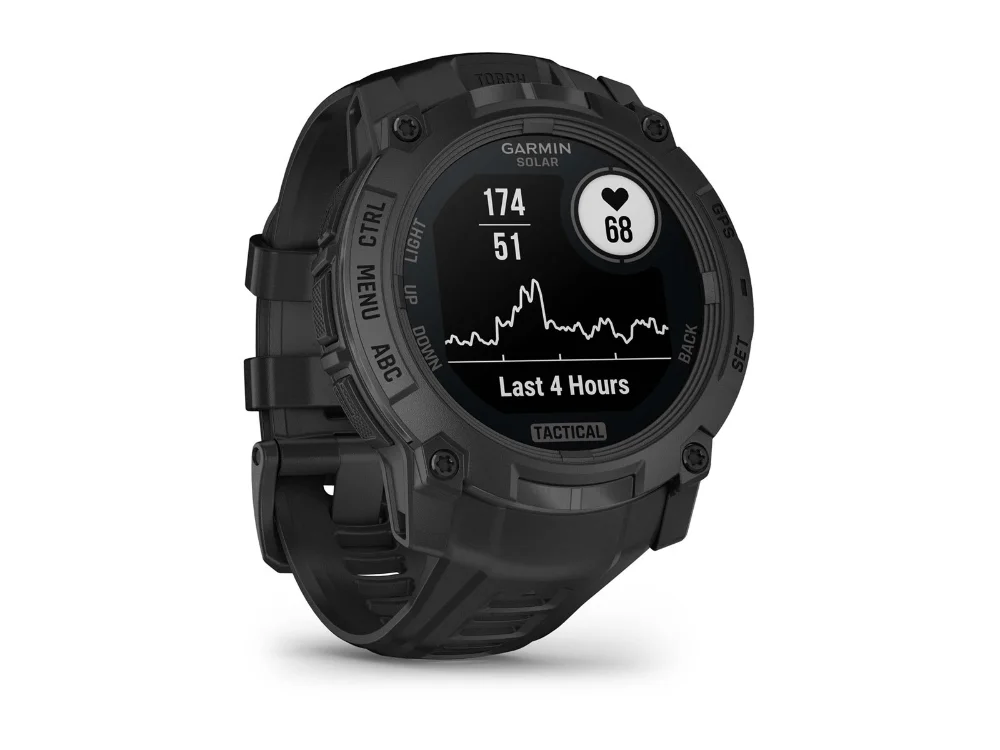 Garmin Instinct 3 Solar Tactical Edition 50 mm, чёрный, чёрный силиконовый ремешок — вид сбоку