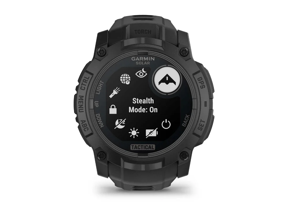 Garmin Instinct 3 Solar Tactical Edition 50 mm, чёрный, чёрный силиконовый ремешок — вид спереди, другой экран