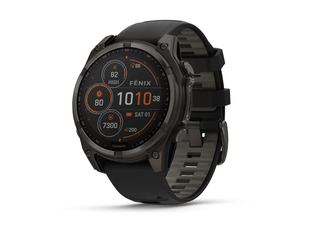 Garmin Fenix 8 Solar 47 mm, карбоново-серый титан, чёрный/серый силиконовый ремешок