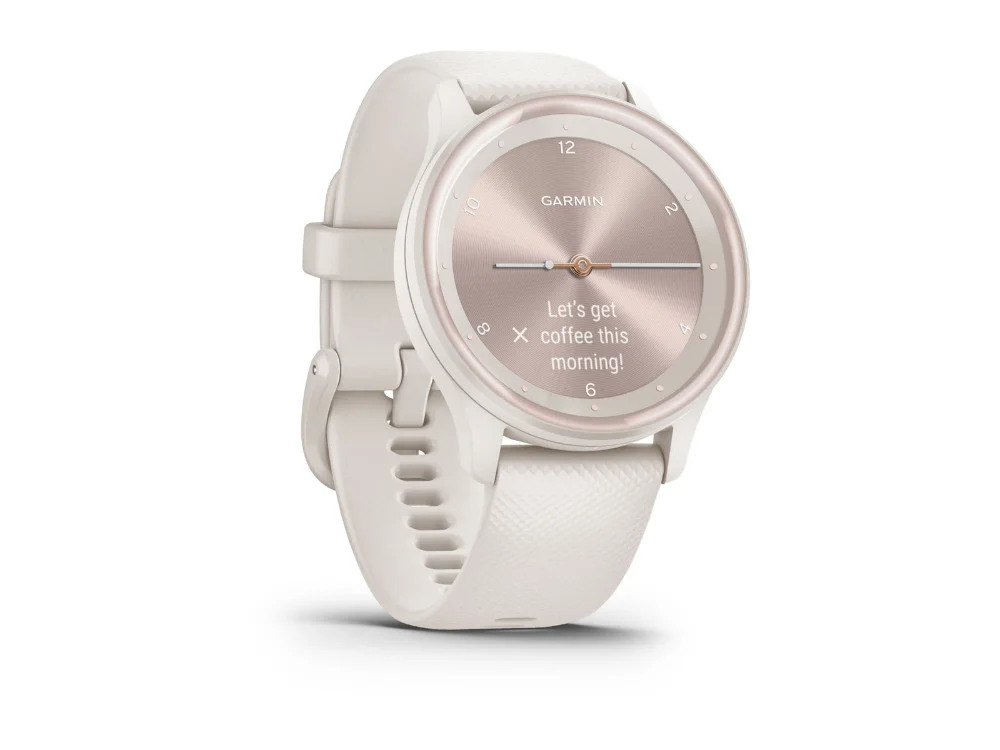 Garmin Vivomove Sport, слоновая кость, силиконовый ремешок цвета слоновой кости — вид сбоку
