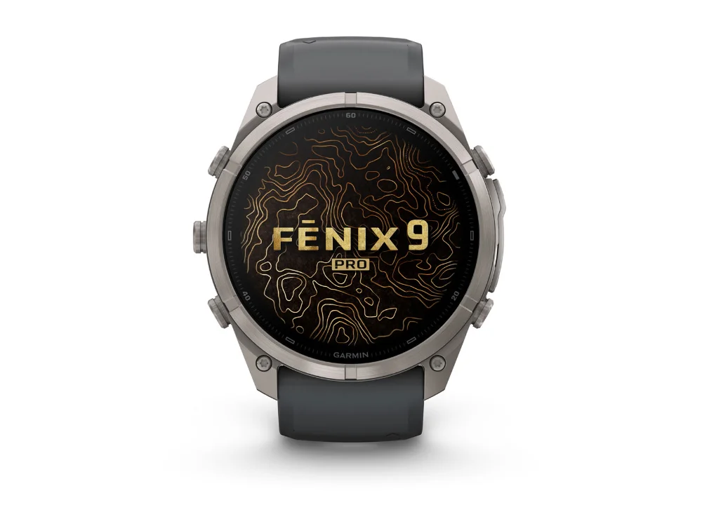 Garmin Fenix 9 Pro inReach 51 mm, титан, графитовый/чёрный силиконовый ремешок — вид спереди