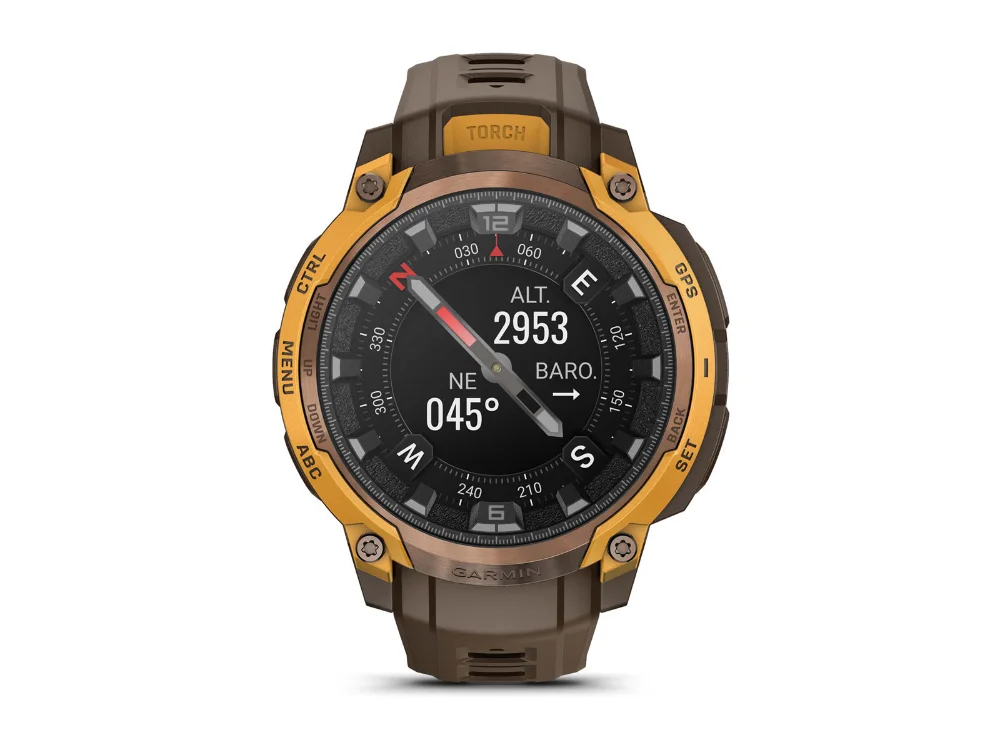 Garmin Instinct Crossover AMOLED, бронзовый/жёлтый, коричневый силиконовый ремешок — вид спереди, другой экран