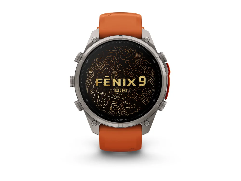 Garmin Fenix 9 Pro inReach 47 mm, титан, оранжевый силиконовый ремешок — вид спереди