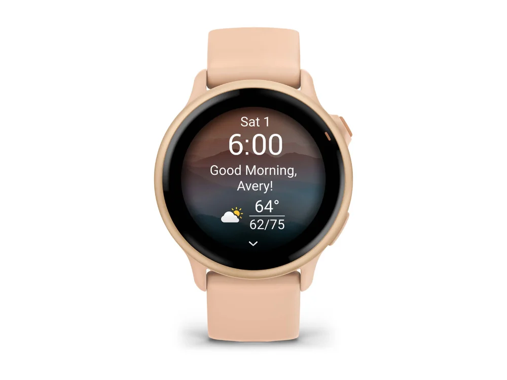 Garmin Vivoactive 6, розовый металлик, розовый силиконовый ремешок — вид спереди, другой экран