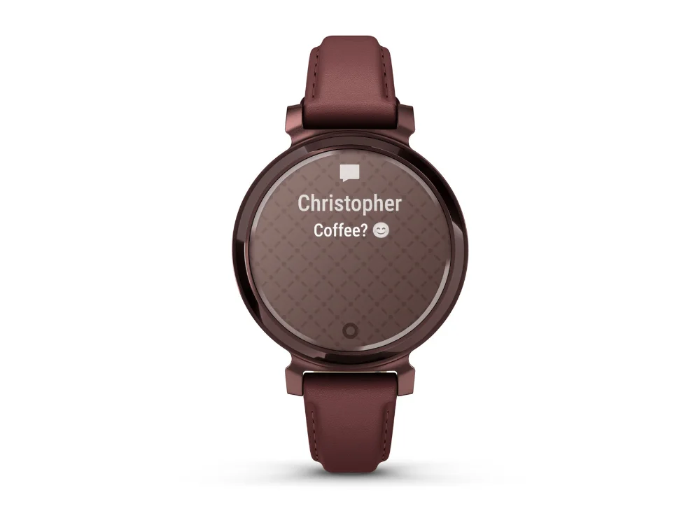 Garmin Lily 2 Classic, тёмная бронза, бордовый кожаный ремешок — вид спереди, другой экран