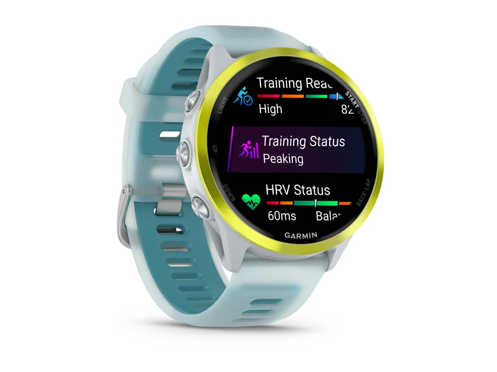 Garmin Forerunner 570 47 mm, жёлтый алюминий, белый/бирюзовый силиконовый ремешок — вид сбоку