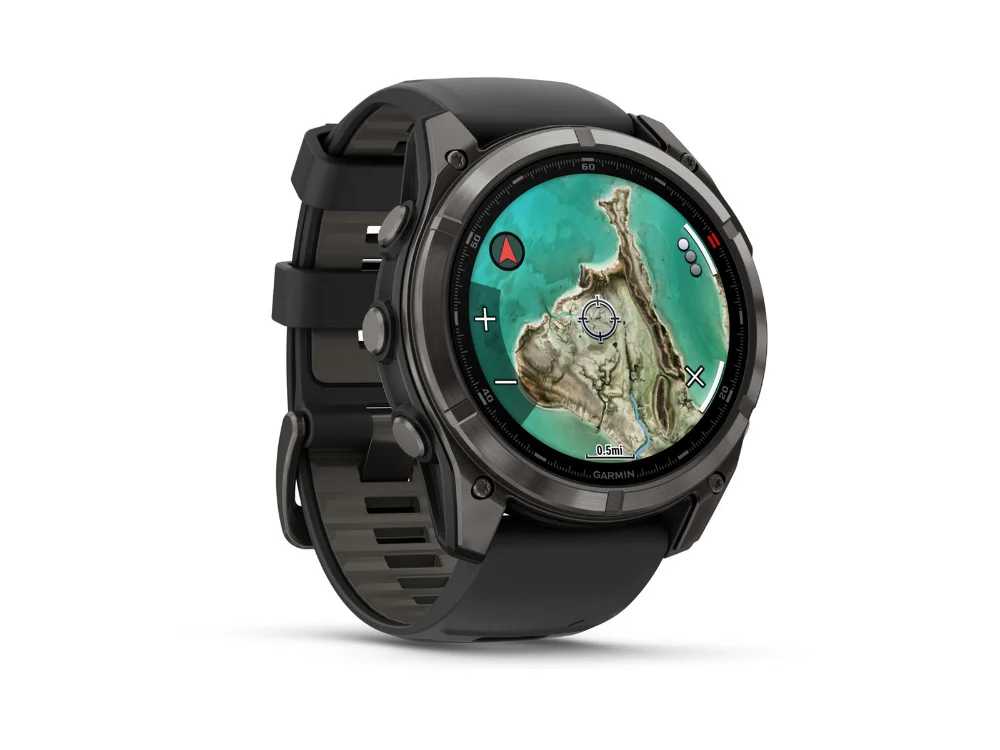 Garmin Fenix 8 Pro MicroLED 51 mm, карбоново-серый титан, чёрный/серый силиконовый ремешок — вид сбоку