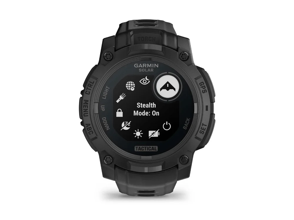 Garmin Instinct 3 Solar Tactical Edition 45 mm, чёрный, чёрный силиконовый ремешок — вид спереди, другой экран