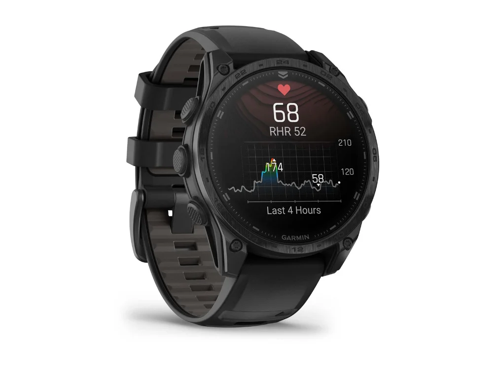 Garmin Tactix 8 AMOLED 47 mm, чёрный титан, чёрный/серый силиконовый ремешок — вид сбоку