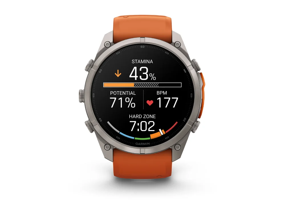 Garmin Fenix 9 Pro inReach 51 mm, титан, оранжевый силиконовый ремешок — вид спереди, другой экран