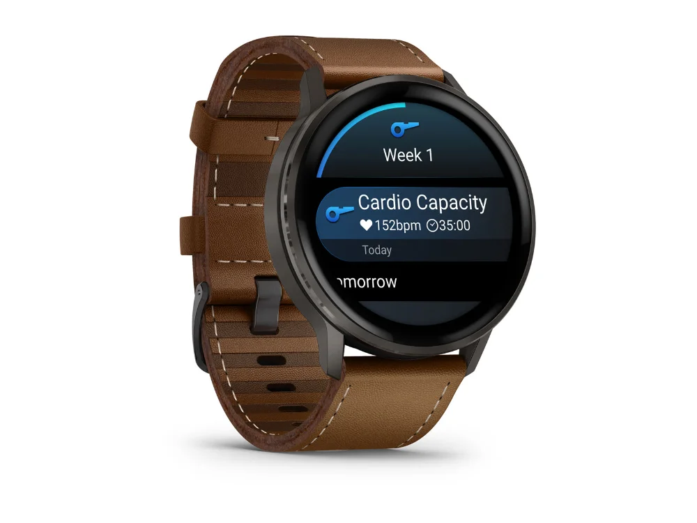 Garmin Venu 4 45 mm, тёмно-серый, чёрный силиконовый и коричневый кожаный ремешки — вид сбоку