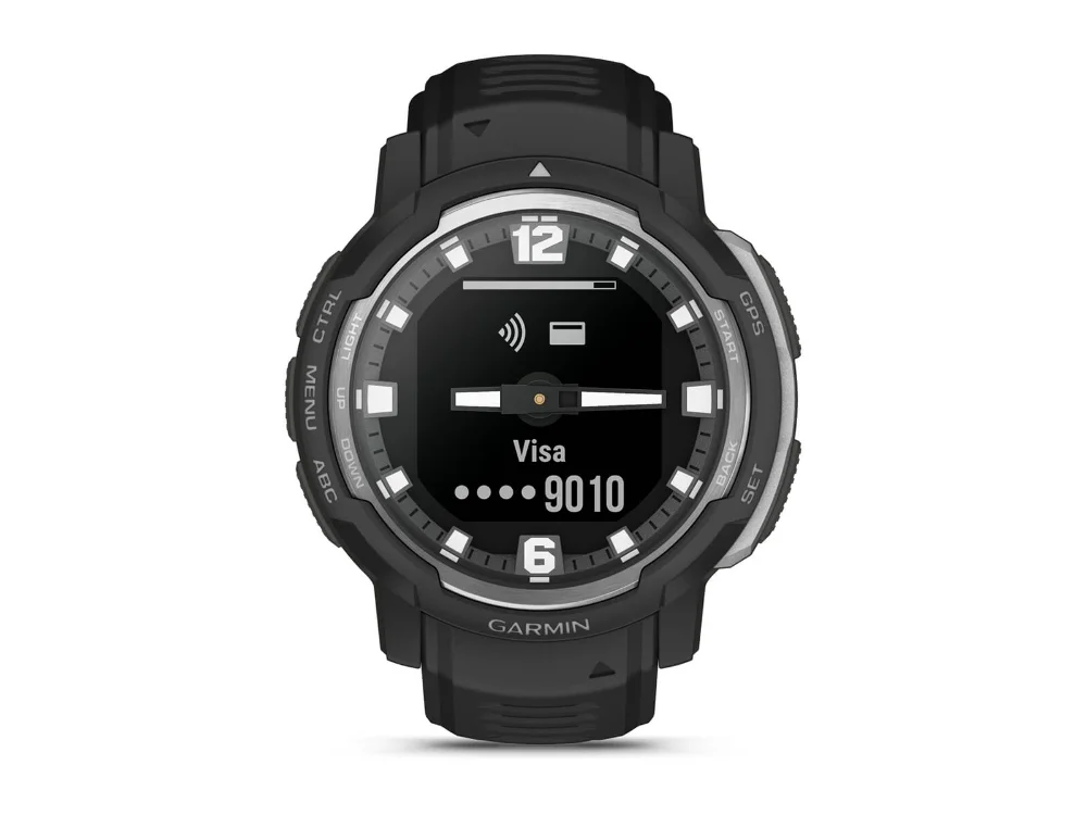 Garmin Instinct Crossover Standard Edition, чёрный, чёрный силиконовый ремешок — вид спереди, другой экран