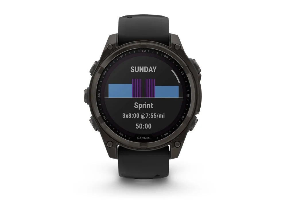 Garmin Fenix 8 Solar 47 mm, карбоново-серый титан, чёрный/серый силиконовый ремешок — вид спереди, другой экран