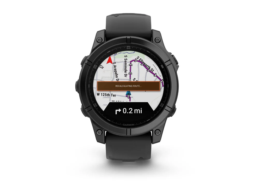 Garmin Fenix E AMOLED 47 mm, тёмно-серый, чёрный силиконовый ремешок — вид спереди