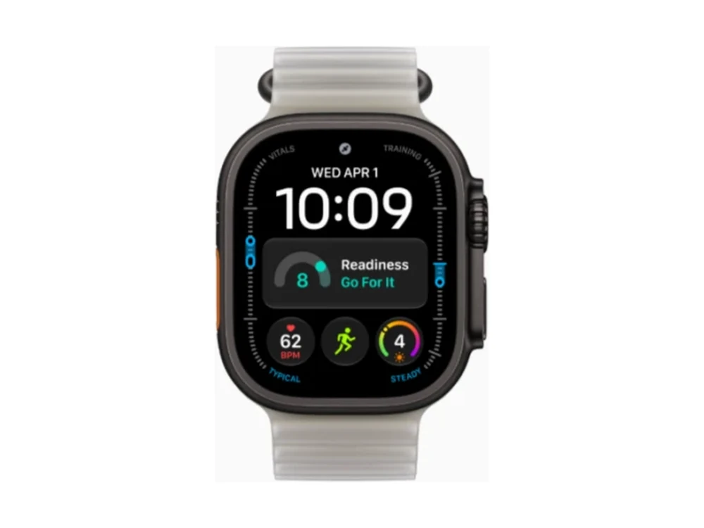 Apple Watch Ultra 4 GPS + Cellular 49 мм Чёрный титан (Black Titanium) с ремешком Прозрачно-серый Ocean Band (Ocean Band Translucent Gray) — детальный вид