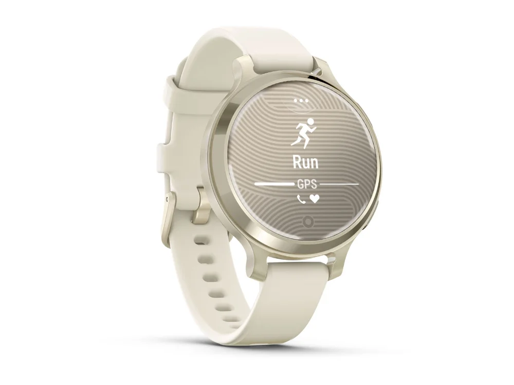 Garmin Lily 2 Active, лунное золото, бежевый силиконовый ремешок — вид сбоку