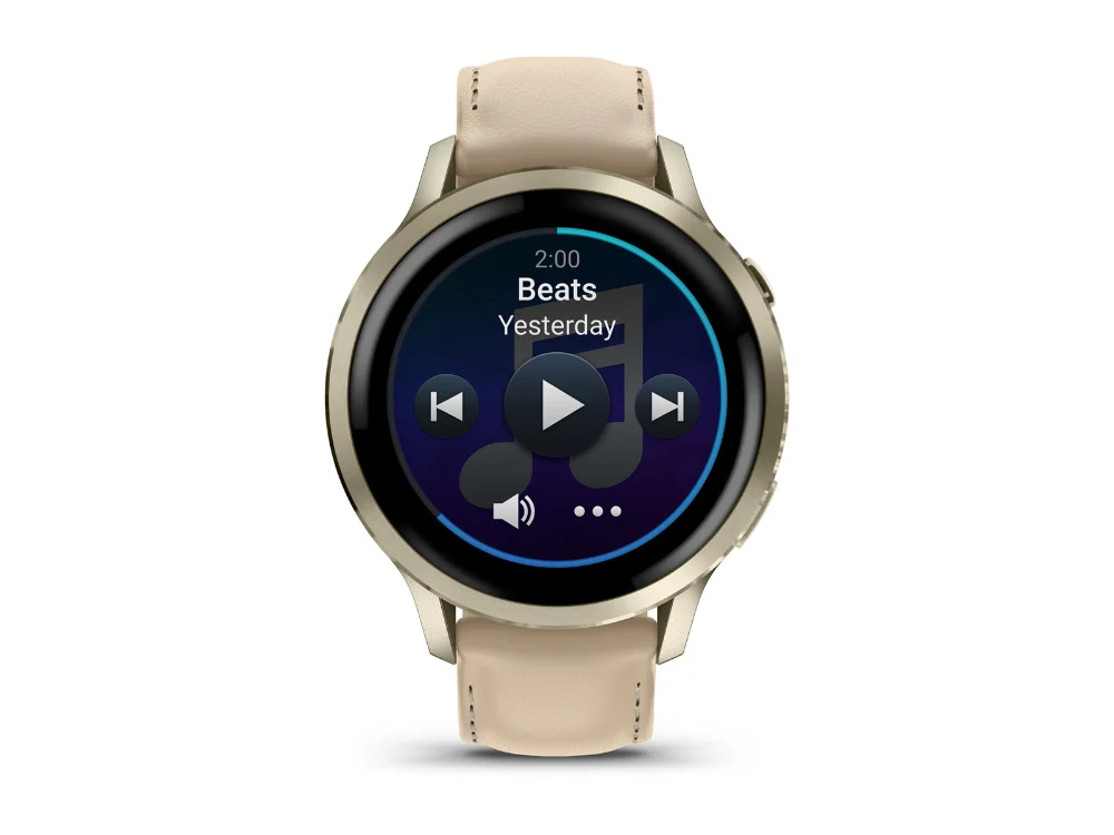 Garmin Venu 4 41 mm, лунное золото, бежевый силиконовый и песочный кожаный ремешки — вид спереди, другой экран