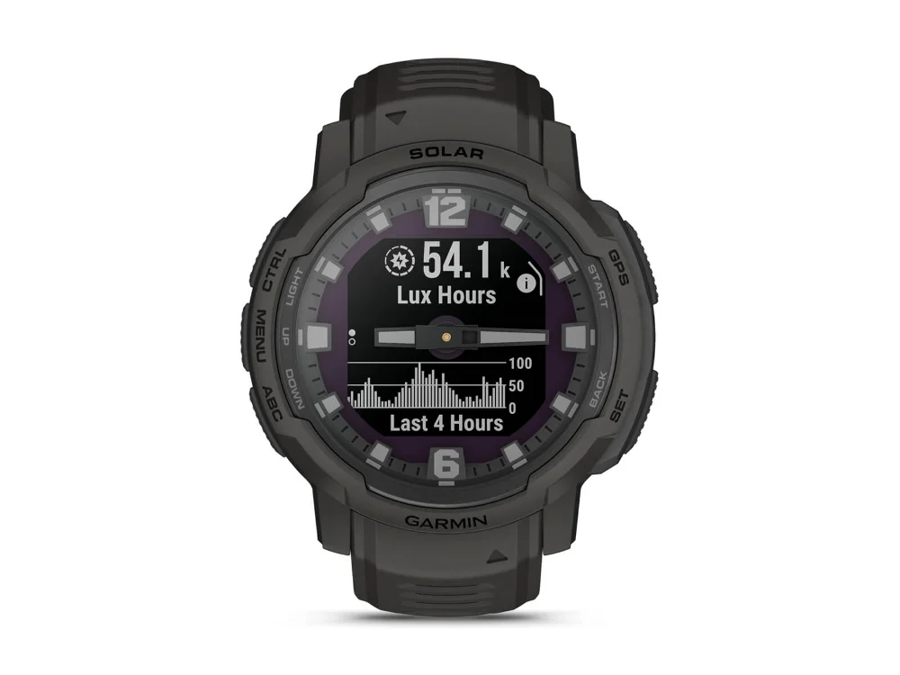 Garmin Instinct Crossover Solar, графитовый, графитовый силиконовый ремешок — вид спереди