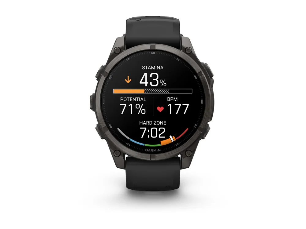 Garmin Fenix 9 47 mm, карбоново-серый титан, чёрный силиконовый ремешок — вид спереди, другой экран