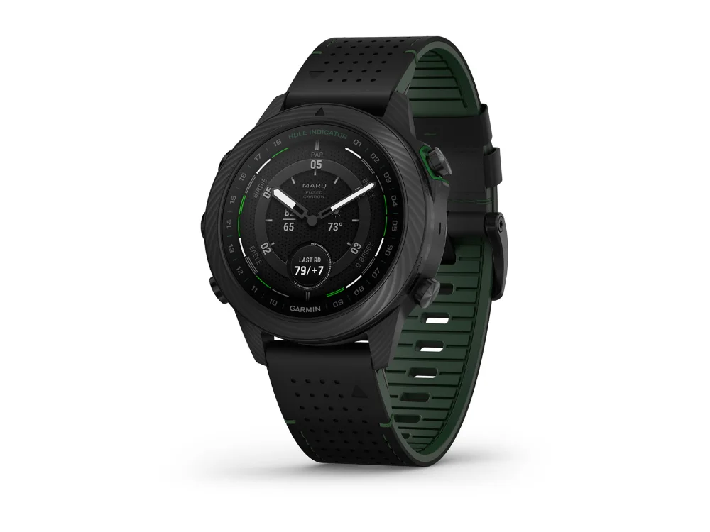 Garmin MARQ Golfer (Gen 2) Carbon Edition, чёрный карбон, чёрно-зелёный гибридный и чёрный силиконовый ремешки