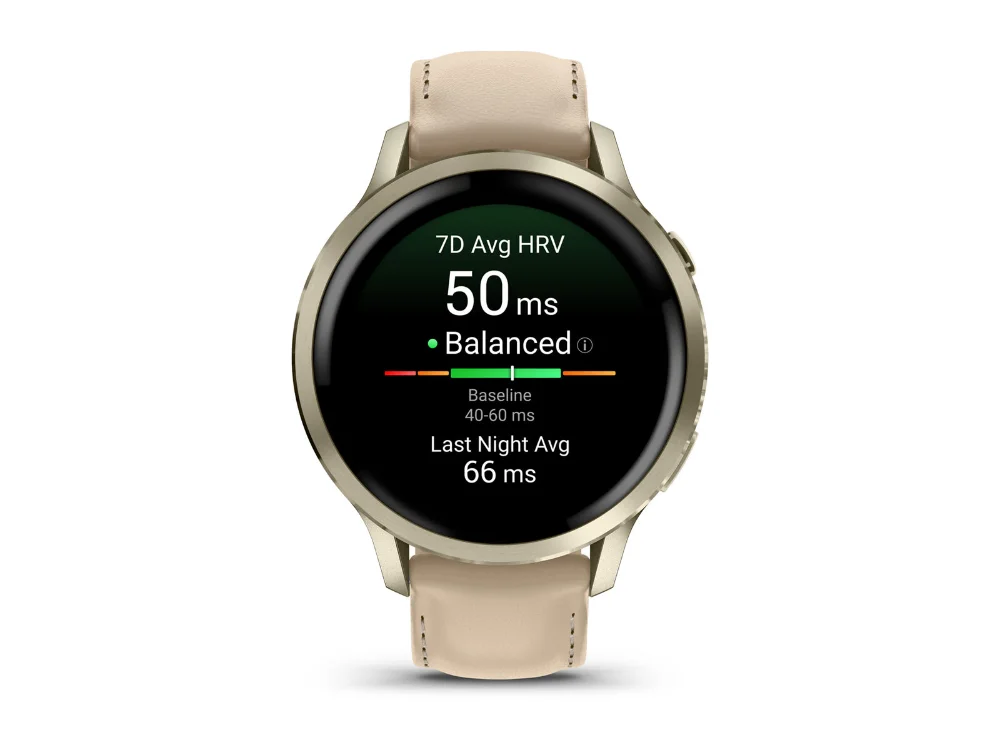 Garmin Venu 4 41 mm, лунное золото, бежевый силиконовый и песочный кожаный ремешки — вид спереди