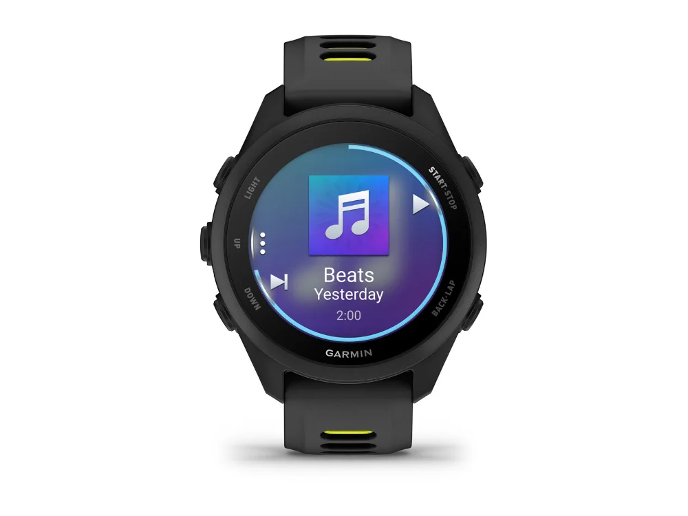 Garmin Forerunner 170 Music, чёрный, чёрный/жёлтый силиконовый ремешок — вид спереди