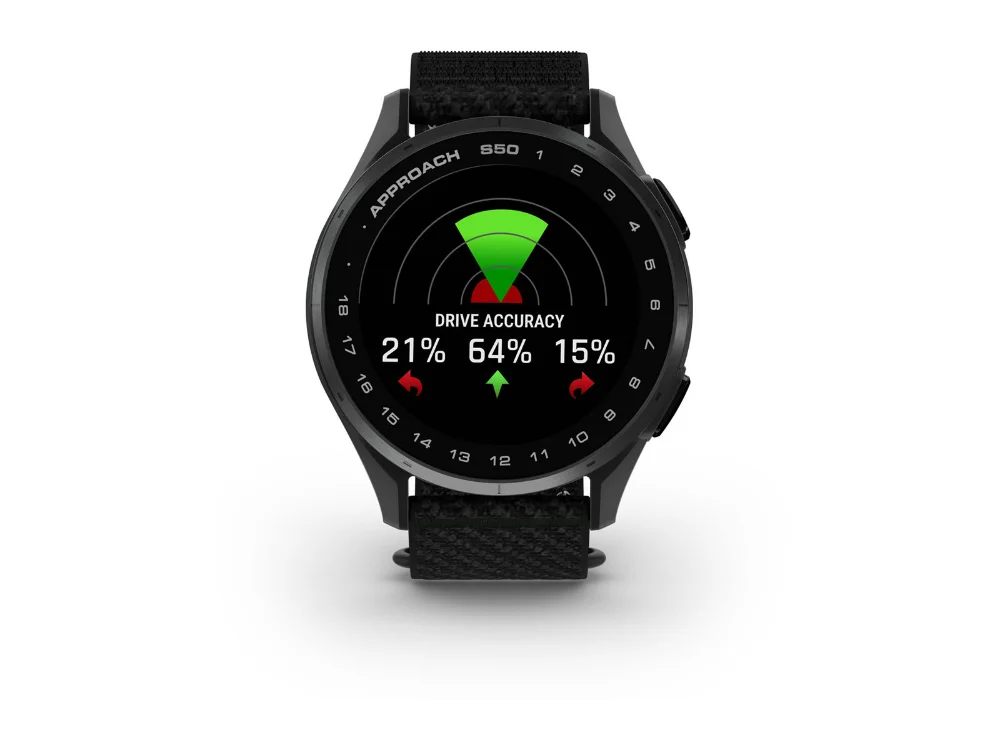 Garmin Approach S50, тёмно-серый алюминий, чёрный нейлоновый ремешок — вид спереди