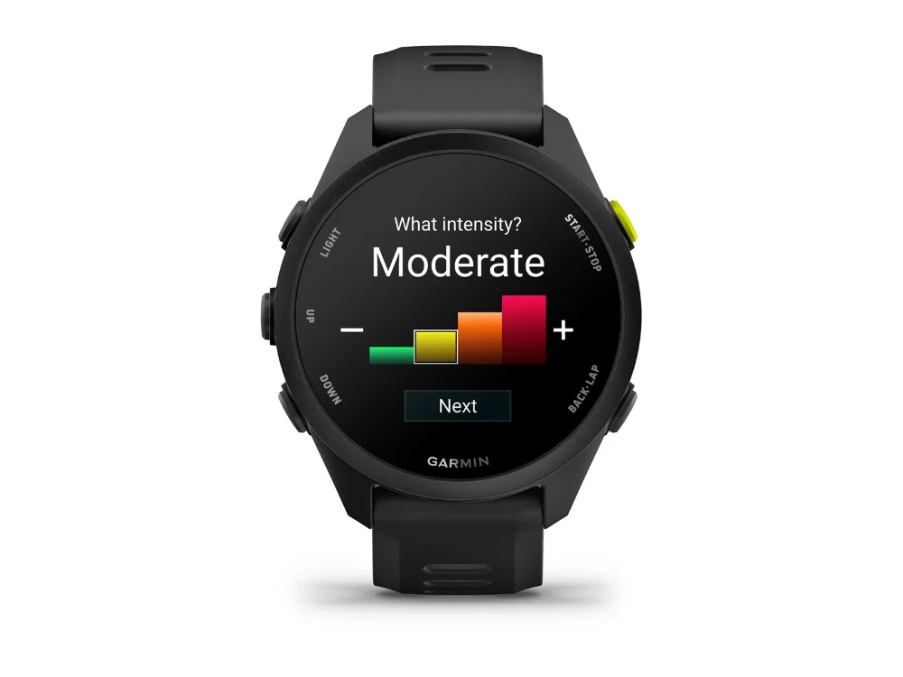 Garmin Forerunner 70, чёрный, чёрный силиконовый ремешок — вид спереди, другой экран