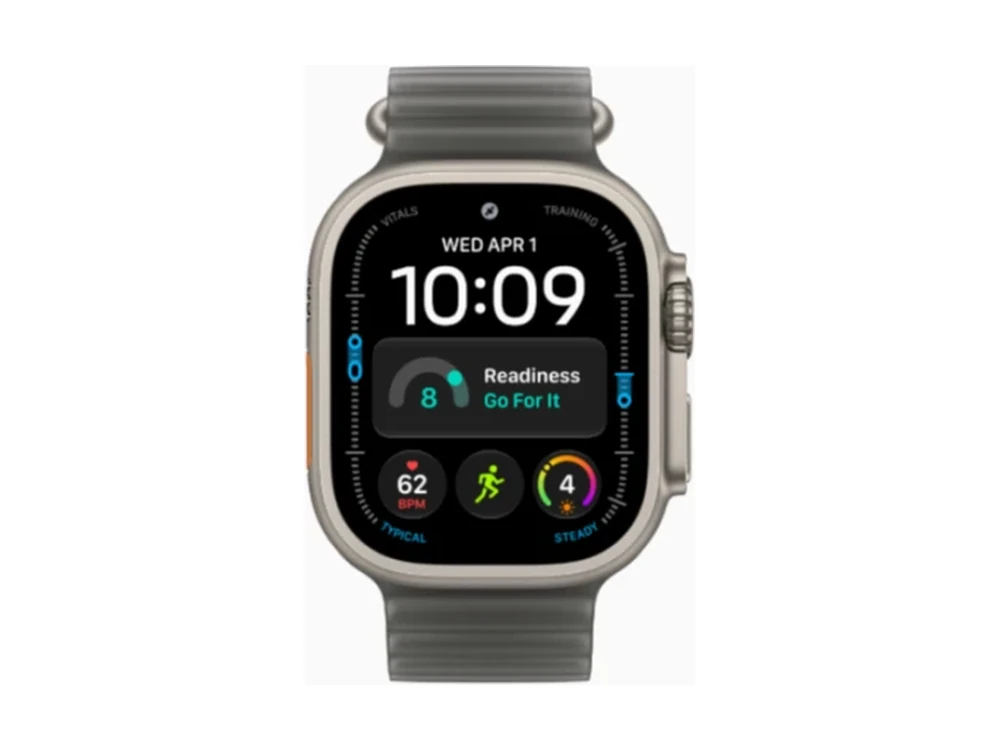 Apple Watch Ultra 4 GPS + Cellular 49 мм Натуральный титан (Natural Titanium) с ремешком Прозрачно-чёрный Ocean Band (Ocean Band Translucent Black) — детальный вид