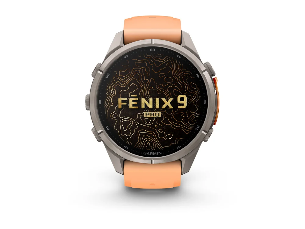 Garmin Fenix 9 Pro inReach 43 mm, титан, розовый/оранжевый силиконовый ремешок — вид спереди