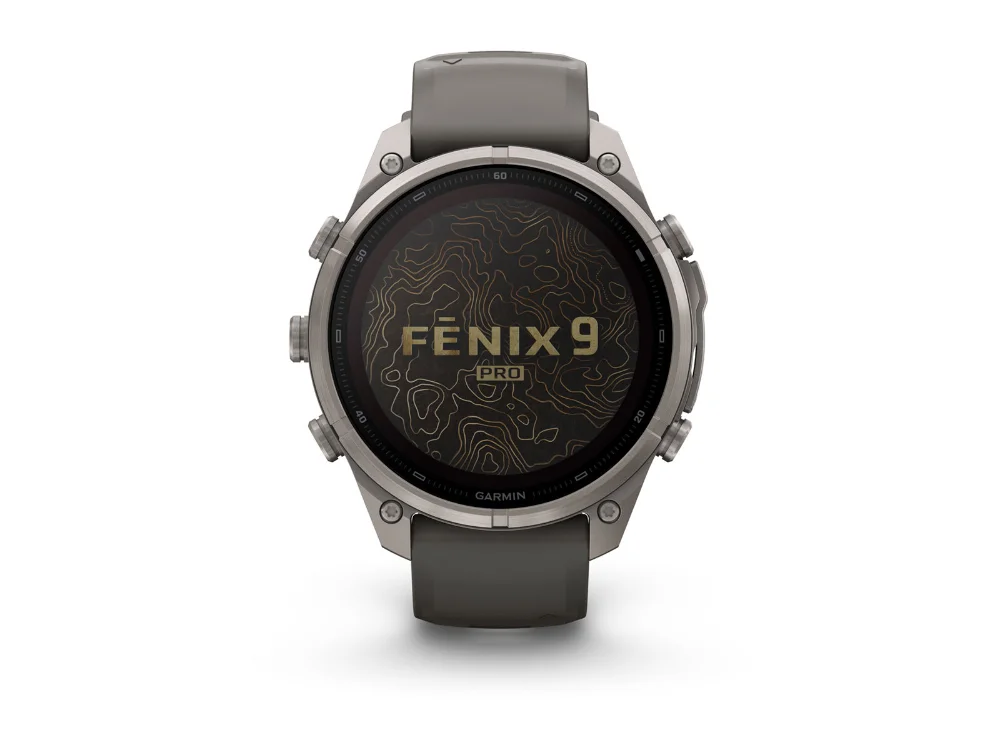 Garmin Fenix 9 Pro Solar 47 mm, титан, серый силиконовый ремешок — вид спереди