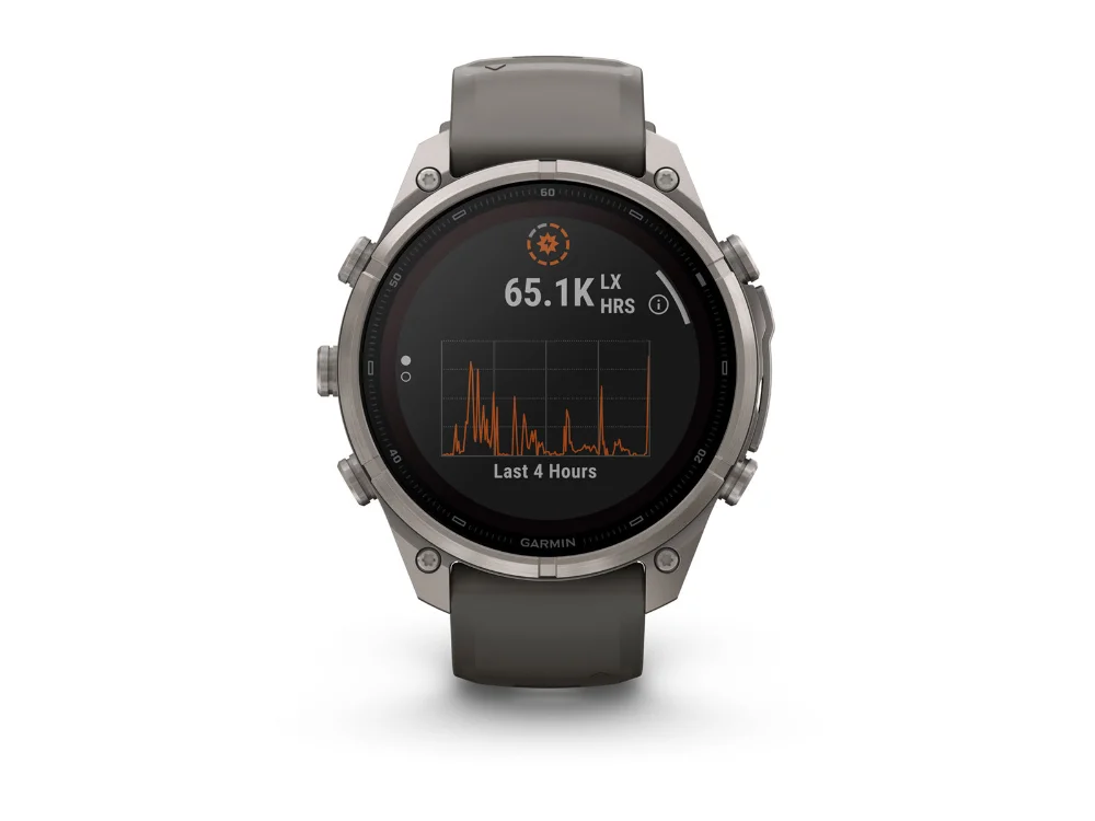 Garmin Fenix 9 Pro Solar 47 mm, титан, серый силиконовый ремешок — вид спереди, другой экран