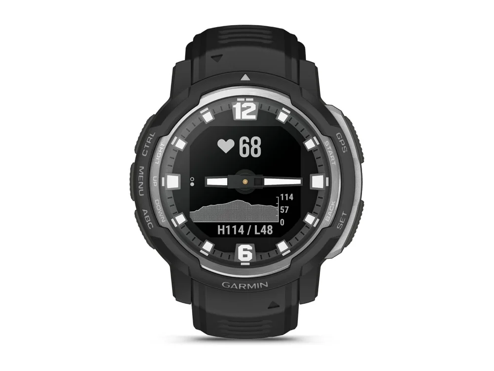 Garmin Instinct Crossover Standard Edition, чёрный, чёрный силиконовый ремешок — вид спереди